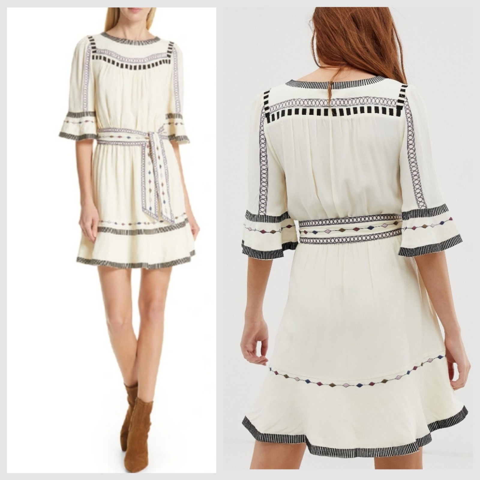 Ba&Sh Cream Embroidered Bell Sleeves Lady Dress